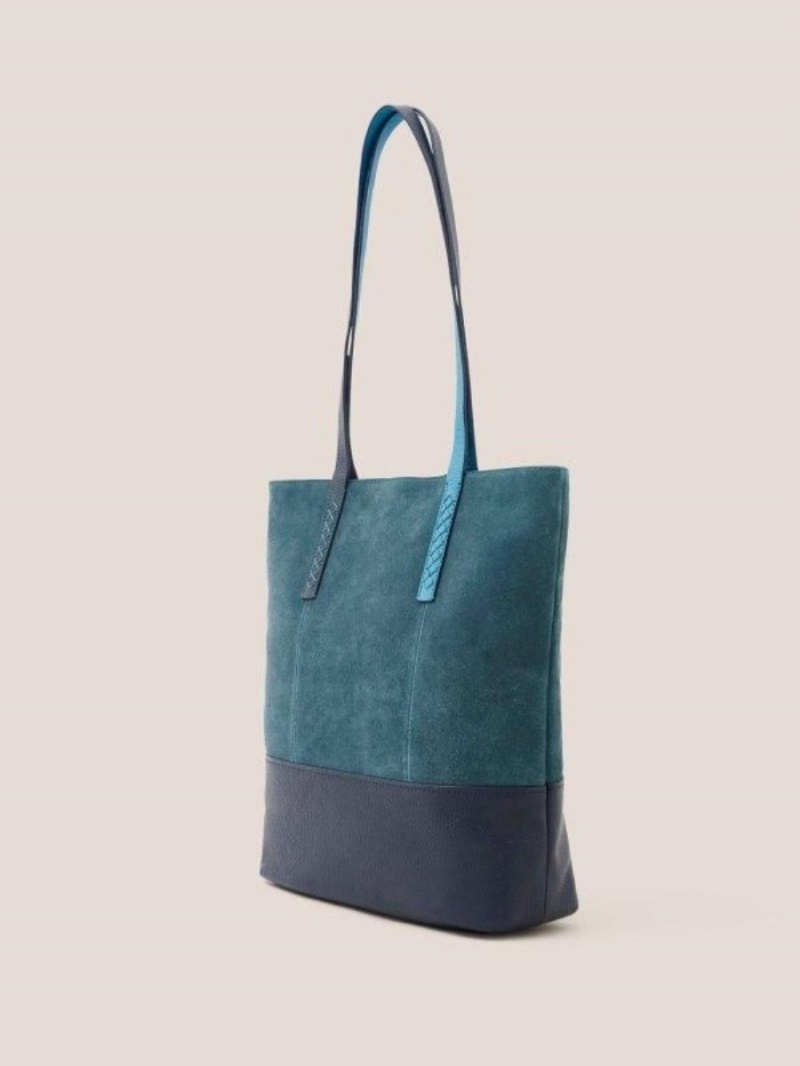 White Stuff Tara Leather Tote Bag Mid Teal | 46738-PCFQ