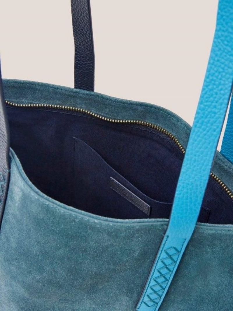 White Stuff Tara Leather Tote Bag Mid Teal | 46738-PCFQ