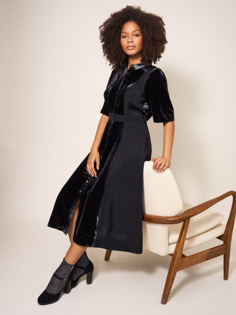 White Stuff Willow Velvet Shirt Dress Pure Black | 93182-DSUY